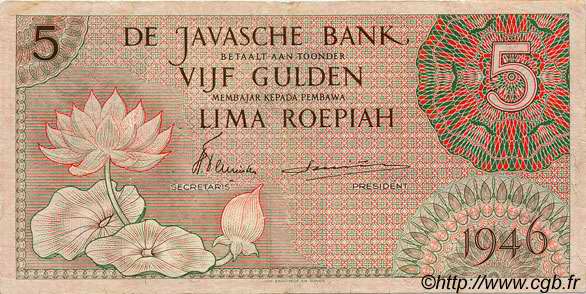 5 Gulden NETHERLANDS INDIES  1946 P.088 VF