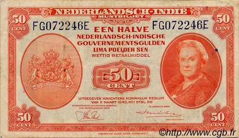 50 Cent NETHERLANDS INDIES  1943 P.110a VF