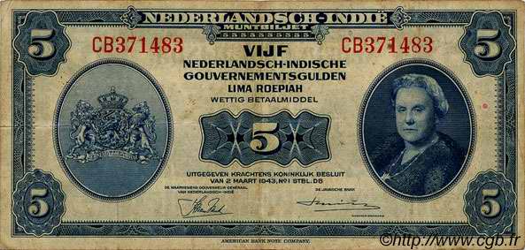 5 Gulden NETHERLANDS INDIES  1943 P.113a VF
