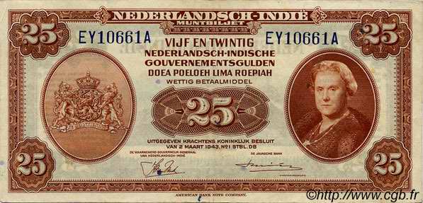 25 Gulden NETHERLANDS INDIES  1943 P.115a XF