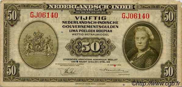 50 Gulden INDES NEERLANDAISES  1943 P.116a TB+
