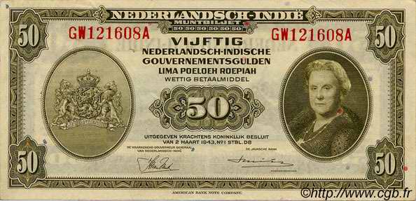 50 Gulden NETHERLANDS INDIES  1943 P.116a XF-