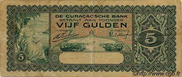 5 Gulden CURACAO  1930 P.15 F - VF