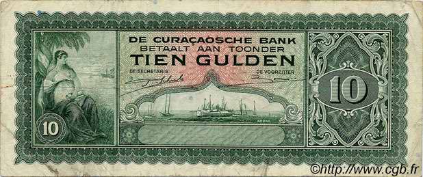 10 Gulden CURACAO  1943 P.26 MB a BB