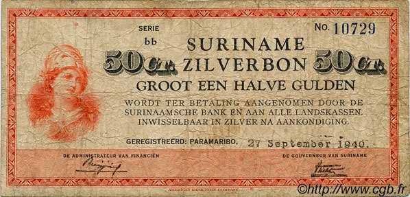 50 Cent SURINAM  1940 P.104a VG