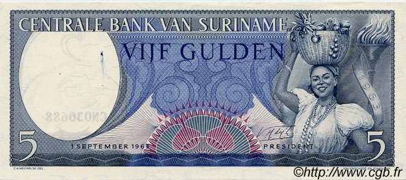 5 Gulden SURINAM  1963 P.120b fST