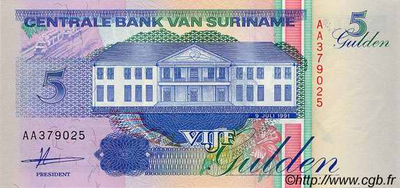 5 Gulden SURINAM  1991 P.136a UNC