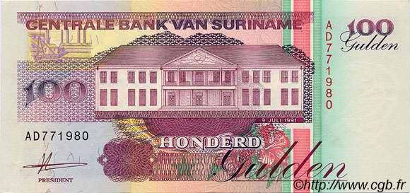 100 Gulden SURINAM  1991 P.139 AU