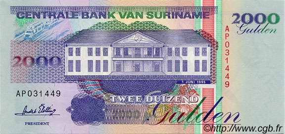 2000 Gulden SURINAME  1995 P.142 FDC