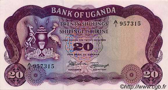 20 Shillings UGANDA  1966 P.03a q.FDC