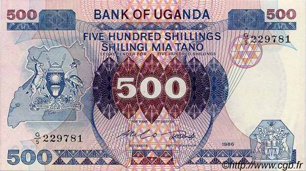 500 Shillings UGANDA  1986 P.25 AU+