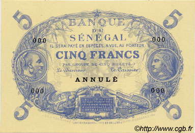 5 Francs Cabasson Annulé SÉNÉGAL  1874 P.A1 SPL+
