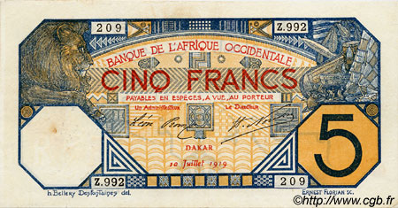 5 Francs DAKAR FRENCH WEST AFRICA Dakar 1919 P.05Ba q.BB