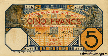5 Francs DAKAR FRENCH WEST AFRICA Dakar 1919 P.05Ba MBC