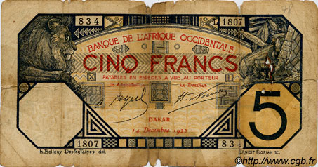 5 Francs DAKAR FRENCH WEST AFRICA Dakar 1922 P.05Bb P