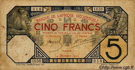 5 Francs DAKAR FRENCH WEST AFRICA Dakar 1922 P.05Bb RC+
