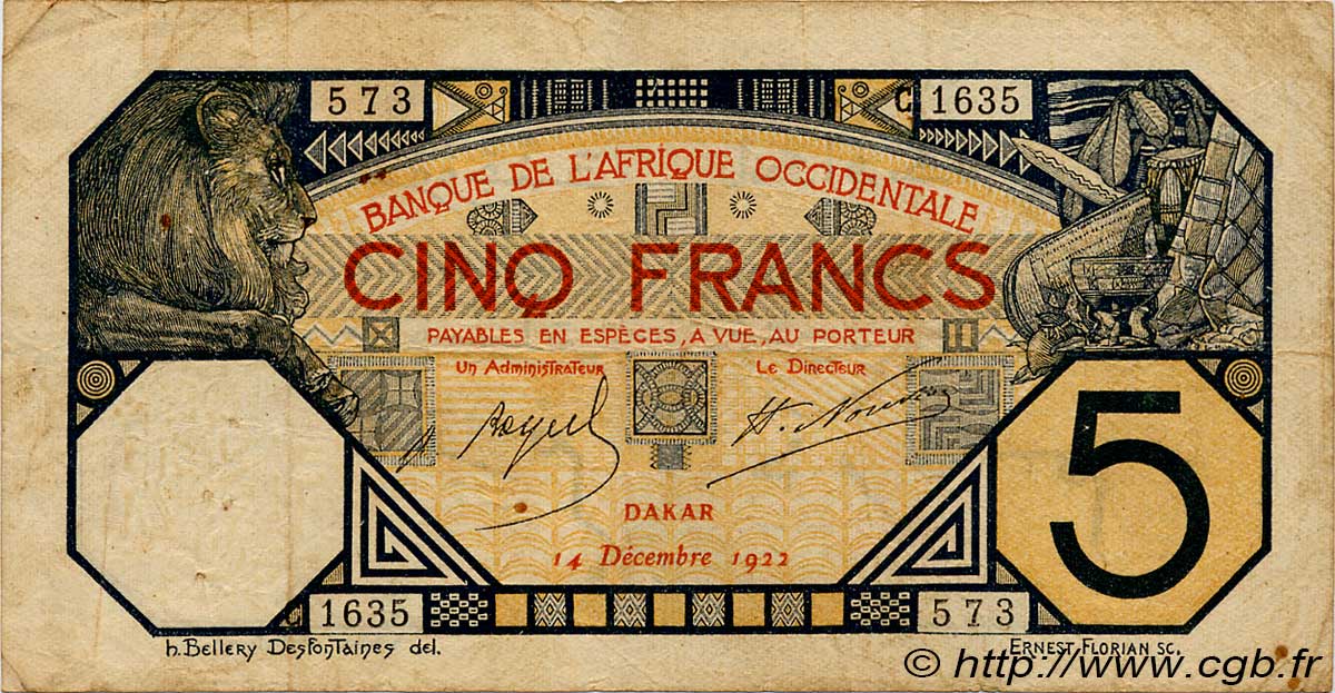 5 Francs DAKAR FRENCH WEST AFRICA Dakar 1922 P.05Bb F - VF