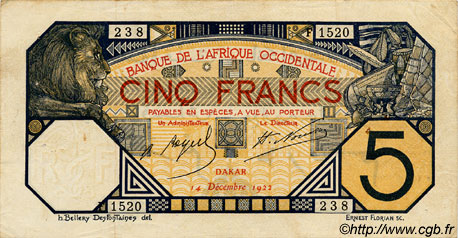 5 Francs DAKAR FRENCH WEST AFRICA Dakar 1922 P.05Bb MBC
