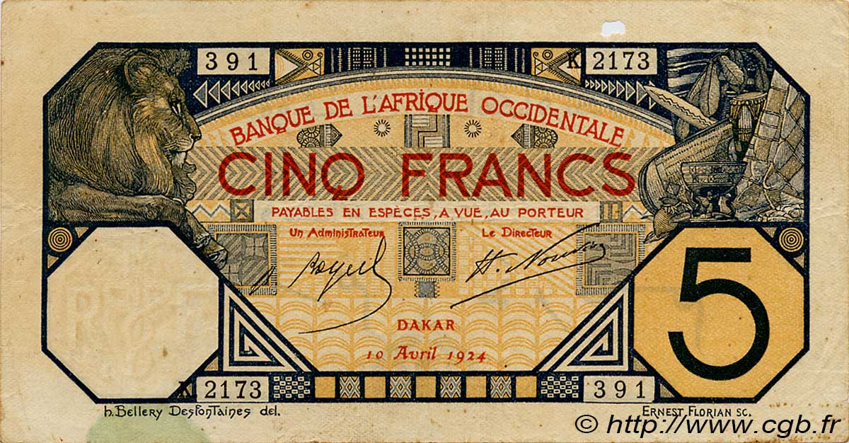 5 Francs DAKAR FRENCH WEST AFRICA Dakar 1924 P.05Bb BC