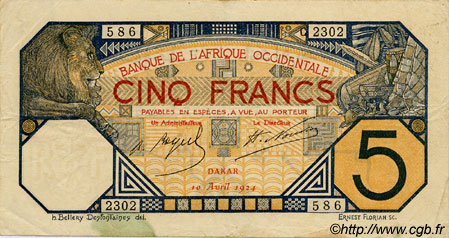 5 Francs DAKAR FRENCH WEST AFRICA Dakar 1924 P.05Bb SS