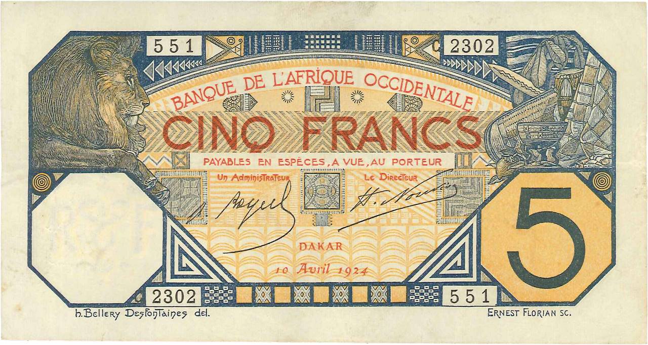 5 Francs DAKAR FRENCH WEST AFRICA Dakar 1924 P.05Bb MBC+