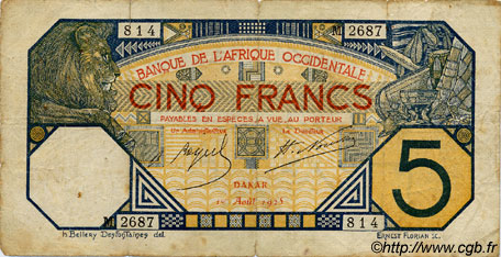 5 Francs DAKAR FRENCH WEST AFRICA Dakar 1925 P.05Bc BC