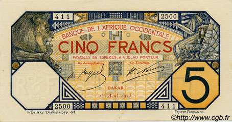 5 Francs DAKAR FRENCH WEST AFRICA Dakar 1925 P.05Bc q.FDC
