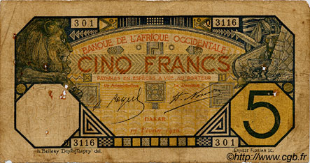 5 Francs DAKAR FRENCH WEST AFRICA Dakar 1926 P.05Bc G