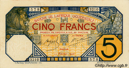 5 Francs DAKAR FRENCH WEST AFRICA Dakar 1926 P.05Bc EBC+