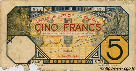 5 Francs DAKAR FRENCH WEST AFRICA Dakar 1926 P.05B var q.B