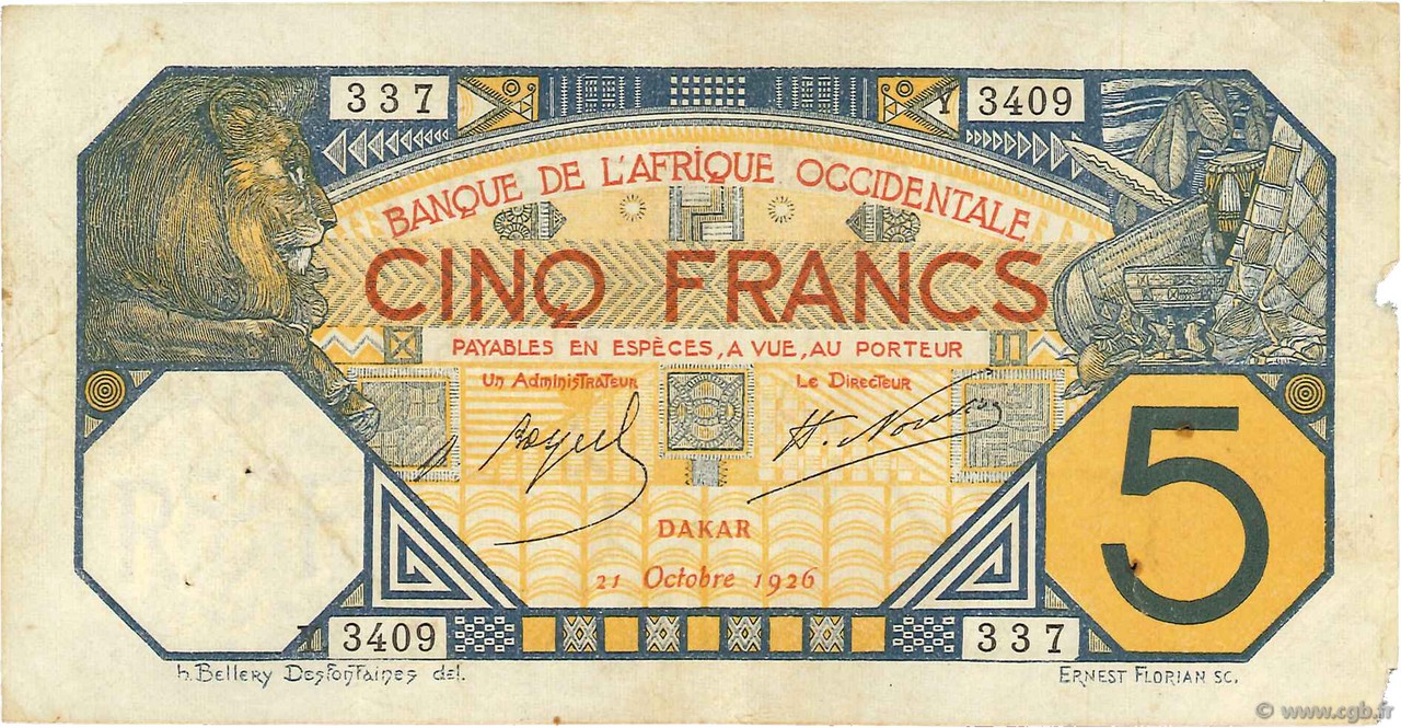 5 Francs DAKAR FRENCH WEST AFRICA Dakar 1926 P.05B var RC+