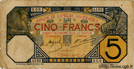 5 Francs DAKAR FRENCH WEST AFRICA (1895-1958) Dakar 1928 P.05B var G