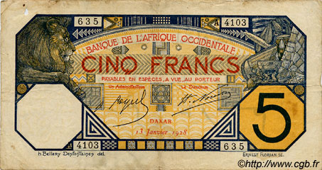 5 Francs DAKAR AFRIQUE OCCIDENTALE FRANÇAISE (1895-1958) Dakar 1928 P.05Bvar TB