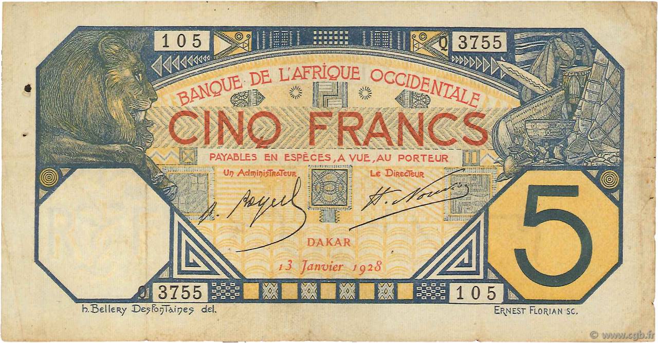 5 Francs DAKAR FRENCH WEST AFRICA Dakar 1928 P.05Bvar q.BB