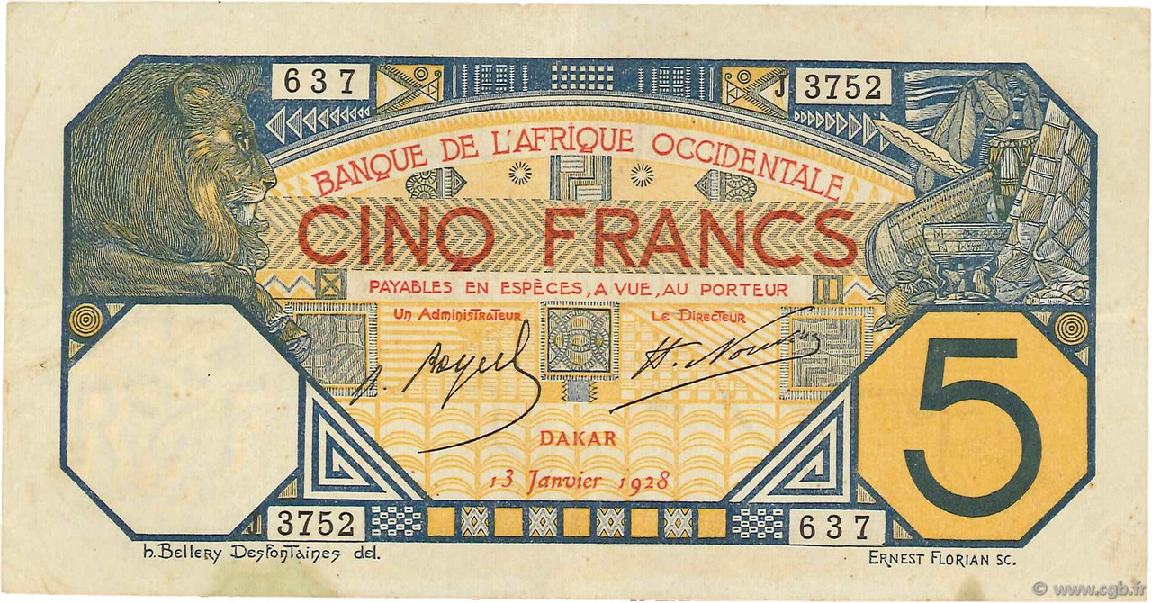 5 Francs DAKAR FRENCH WEST AFRICA Dakar 1928 P.05B var q.SPL