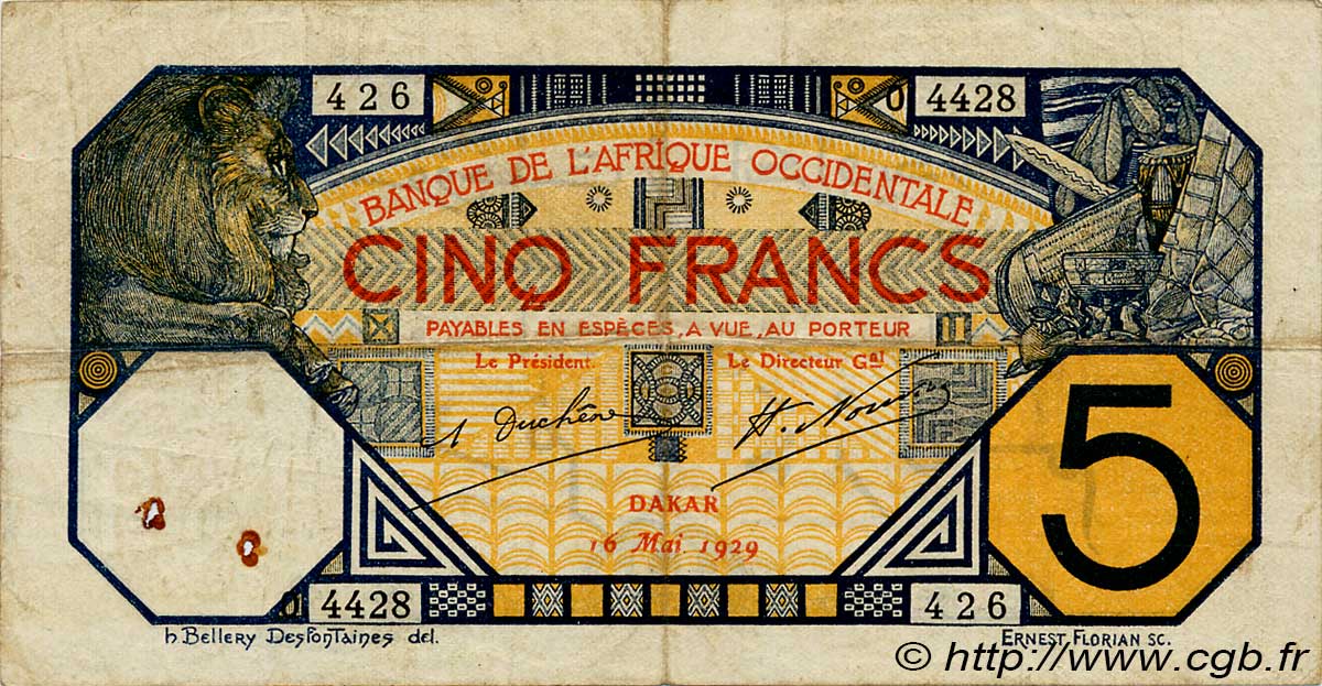 5 Francs DAKAR FRENCH WEST AFRICA Dakar 1929 P.05Be BC+