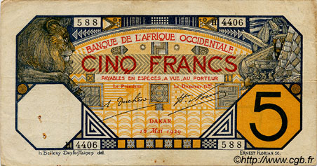5 Francs DAKAR FRENCH WEST AFRICA Dakar 1929 P.05Be VF