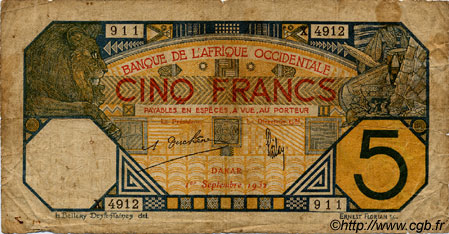 5 Francs DAKAR FRENCH WEST AFRICA Dakar 1932 P.05Be P