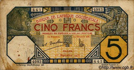 5 Francs DAKAR FRENCH WEST AFRICA Dakar 1932 P.05Be SGE
