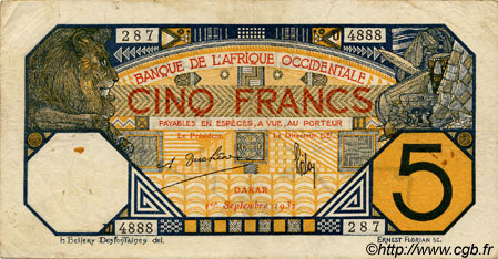 5 Francs DAKAR FRENCH WEST AFRICA Dakar 1932 P.05Be MBC