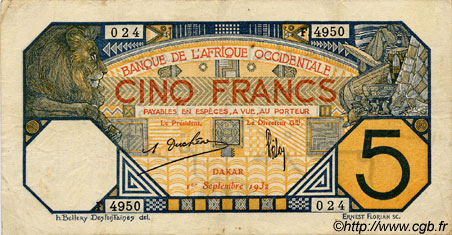 5 Francs DAKAR FRENCH WEST AFRICA Dakar 1932 P.05Be VF+