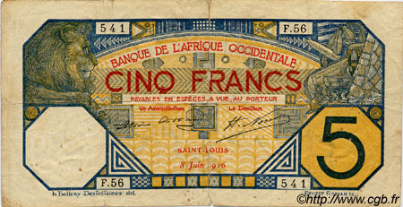 5 Francs SAINT-LOUIS FRENCH WEST AFRICA Saint-Louis 1916 P.05Fb q.MB