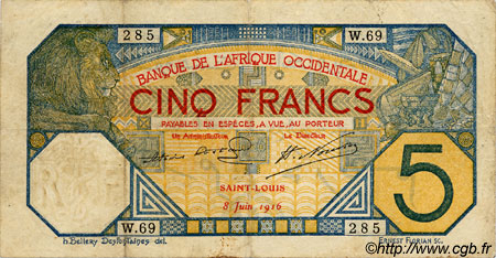 5 Francs SAINT-LOUIS FRENCH WEST AFRICA Saint-Louis 1916 P.05Fb fSS