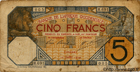 5 Francs CONAKRY FRENCH WEST AFRICA Conakry 1919 P.05Ab q.MB