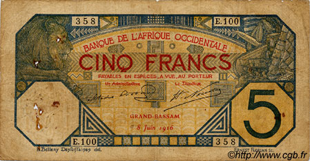 5 Francs GRAND-BASSAM FRENCH WEST AFRICA Grand-Bassam 1916 P.05Db q.MB