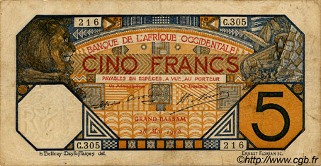 5 Francs GRAND-BASSAM FRENCH WEST AFRICA Grand-Bassam 1918 P.05Db BC