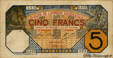 5 Francs PORTO-NOVO FRENCH WEST AFRICA Porto-Novo 1919 P.05E BC+