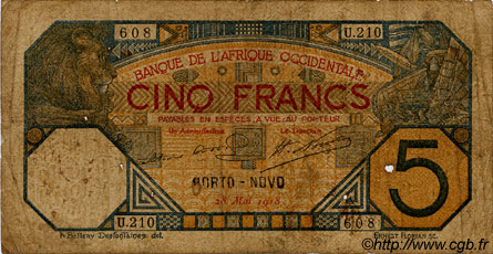 5 Francs PORTO-NOVO FRENCH WEST AFRICA Porto-Novo 1918 P.05E B