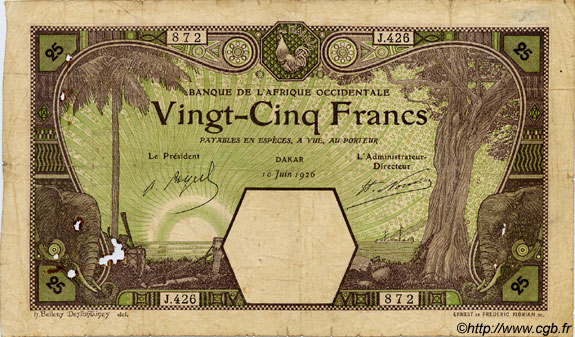 25 Francs DAKAR FRENCH WEST AFRICA Dakar 1926 P.07Bb SGE