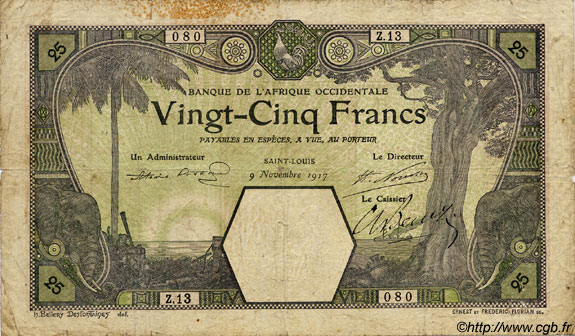 25 Francs SAINT-LOUIS FRENCH WEST AFRICA Saint-Louis 1917 P.07F fS